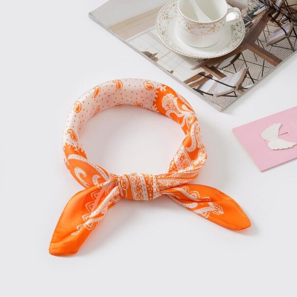 Women Orange Paisley Headscarf Satin Bandana Pattern Polyester Breathable Scarve - Picture 2 of 7